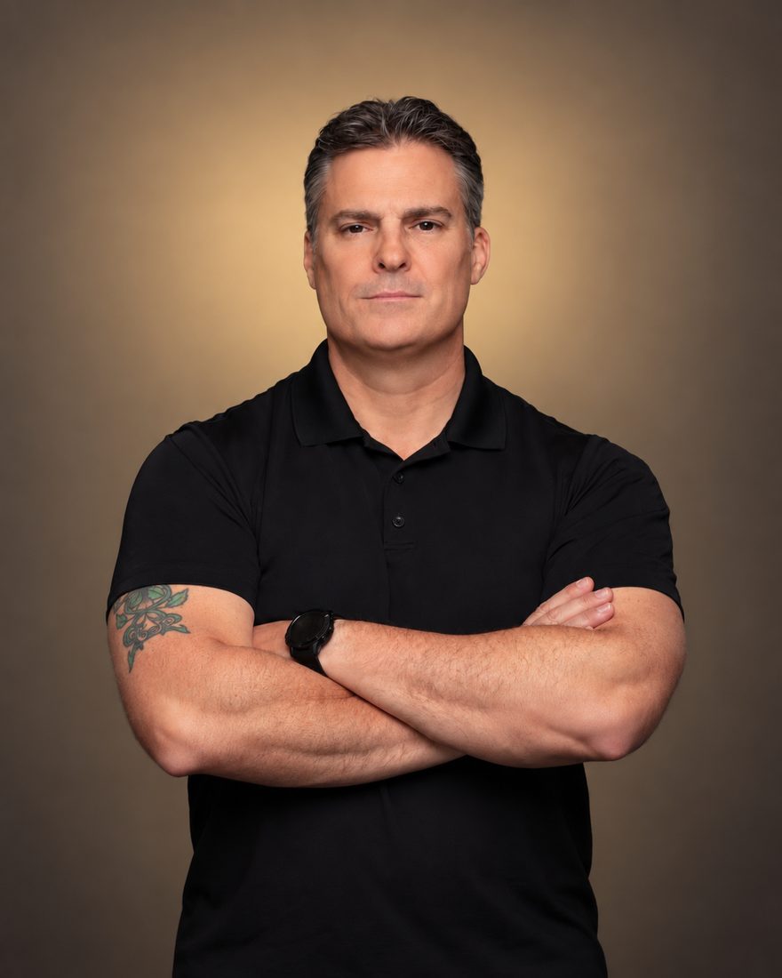Bobby Harrington, arms folded, looking straight at the camera
